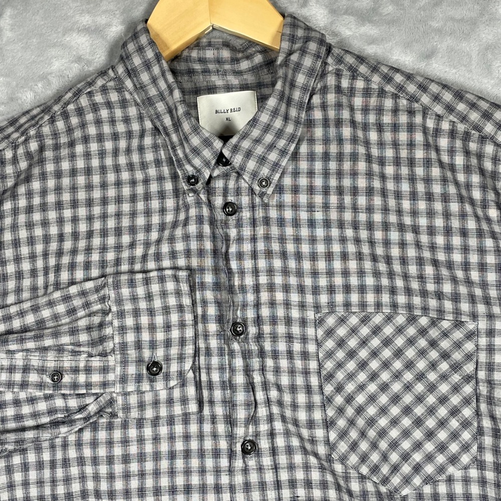 Billy Reid Mens XL Grey Gingham Cotton Linen Button Down Shirt Standard Fit